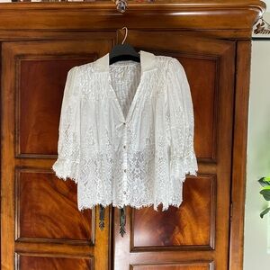 Anthropologie White Lace Button-Up Blouse